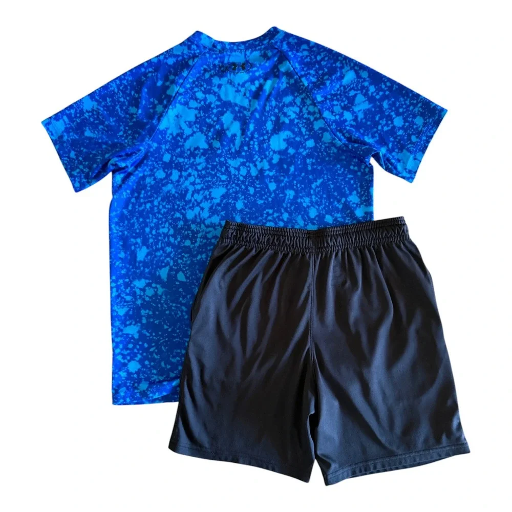 Under Armour Boys Blue Black Splatter Athletic Shirt Shorts Set - Youth Large